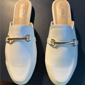 Women’s White Slip-On Mules with Gold Horsebit Detail
